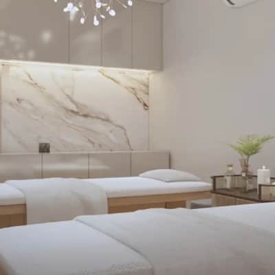 Matrix Clinic twin treatment room with marble feature wall