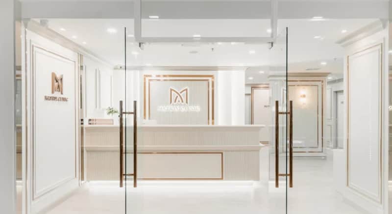Matrix Clinic reception with branded logo wall